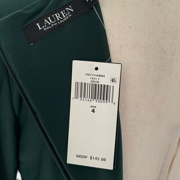 NWT Lauren Ralph Lauren green long sleeve dress with faux leather accent  size 4 - Picture 6 of 11